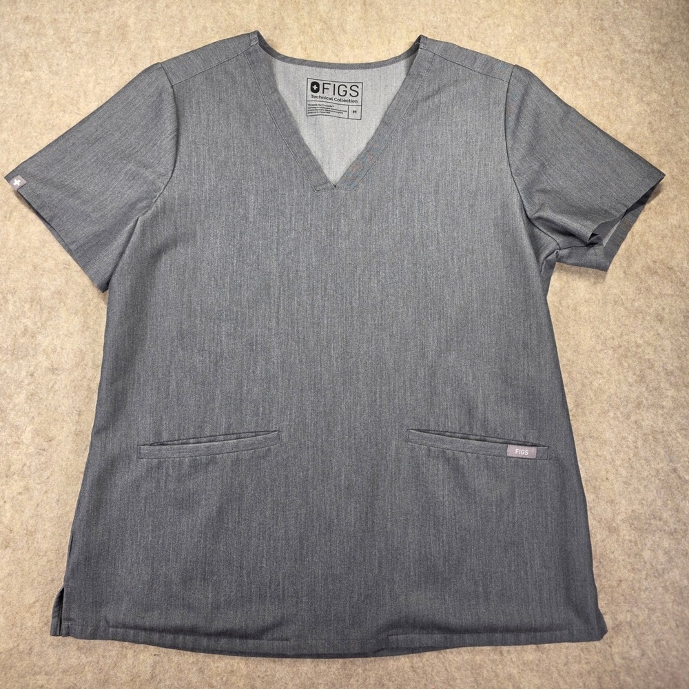 FIGS Technical Collection Scrub Top Womens Medium Gray V-Neck Short Sleeve H752